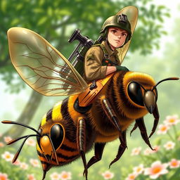 A highly detailed illustration of a commando soldier wearing tactical gear, skillfully riding on a large, realistic bee