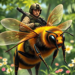 A highly detailed illustration of a commando soldier wearing tactical gear, skillfully riding on a large, realistic bee