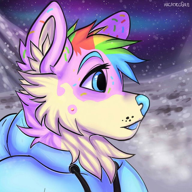 A brightly colored anthropomorphic wolf character with rainbow-colored fur and a fluffy mane, wearing a cozy hoodie