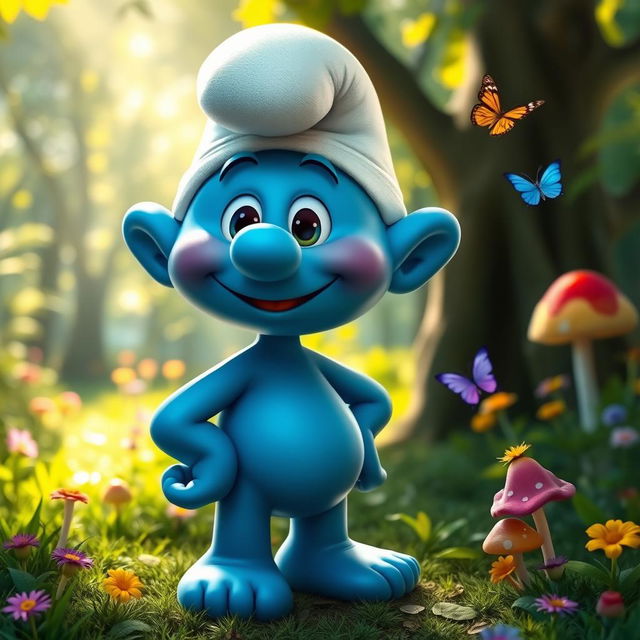 A whimsical blue Smurf character without a hat, standing in a lush green forest with vibrant flowers around it