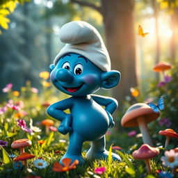 A whimsical blue Smurf character without a hat, standing in a lush green forest with vibrant flowers around it
