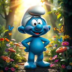 A whimsical blue Smurf character without a hat, standing in a lush green forest with vibrant flowers around it