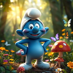 A whimsical blue Smurf character without a hat, standing in a lush green forest with vibrant flowers around it