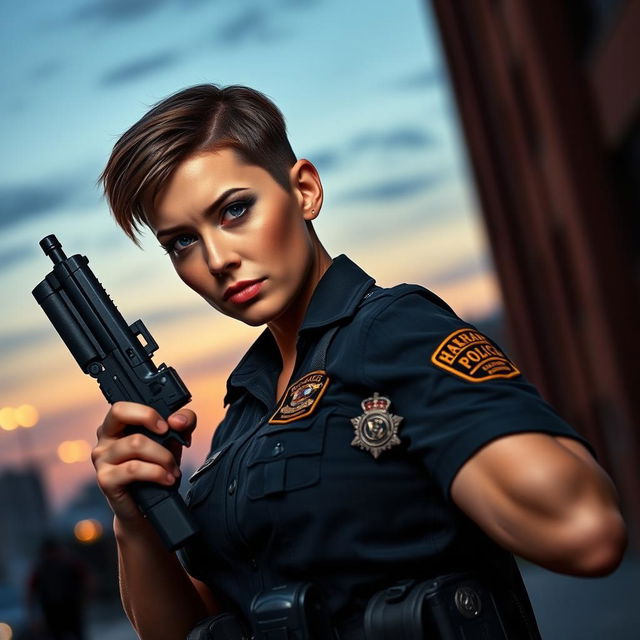 A strong female police officer in uniform, confidently holding a firearm in a dynamic posture