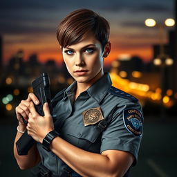A strong female police officer in uniform, confidently holding a firearm in a dynamic posture