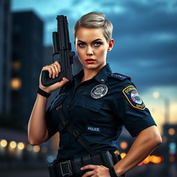 A strong female police officer in uniform, confidently holding a firearm in a dynamic posture