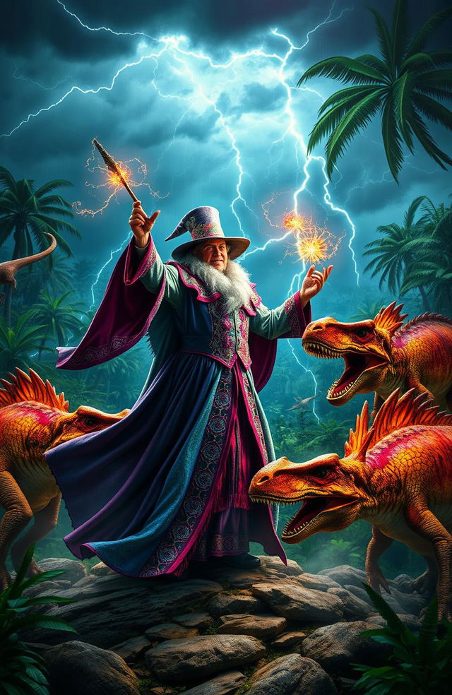 A dramatic scene featuring a magician in a vibrant costume, waving a wand and casting powerful spells while surrounded by ferocious dinosaurs