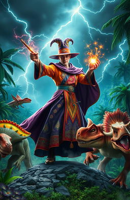 A dramatic scene featuring a magician in a vibrant costume, waving a wand and casting powerful spells while surrounded by ferocious dinosaurs