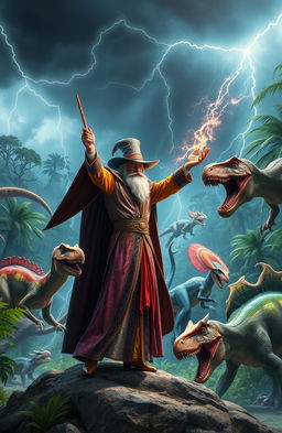 A dramatic scene featuring a magician in a vibrant costume, waving a wand and casting powerful spells while surrounded by ferocious dinosaurs