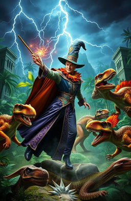 A dramatic scene featuring a magician in a vibrant costume, waving a wand and casting powerful spells while surrounded by ferocious dinosaurs