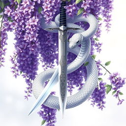 An exquisite anime art style illustration featuring a silver serpent elegantly wrapped around a shining unsheathed sword, suspended from a beautiful wisteria vine