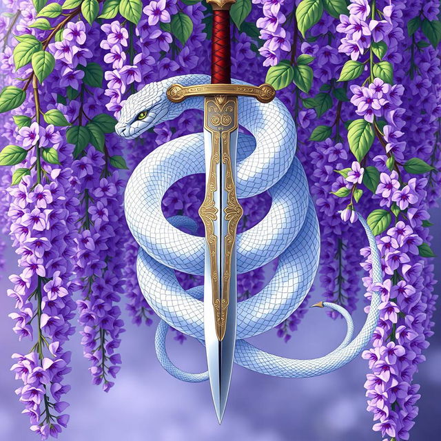 An exquisite anime art style illustration featuring a silver serpent elegantly wrapped around a shining unsheathed sword, suspended from a beautiful wisteria vine