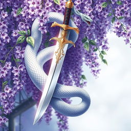 An exquisite anime art style illustration featuring a silver serpent elegantly wrapped around a shining unsheathed sword, suspended from a beautiful wisteria vine