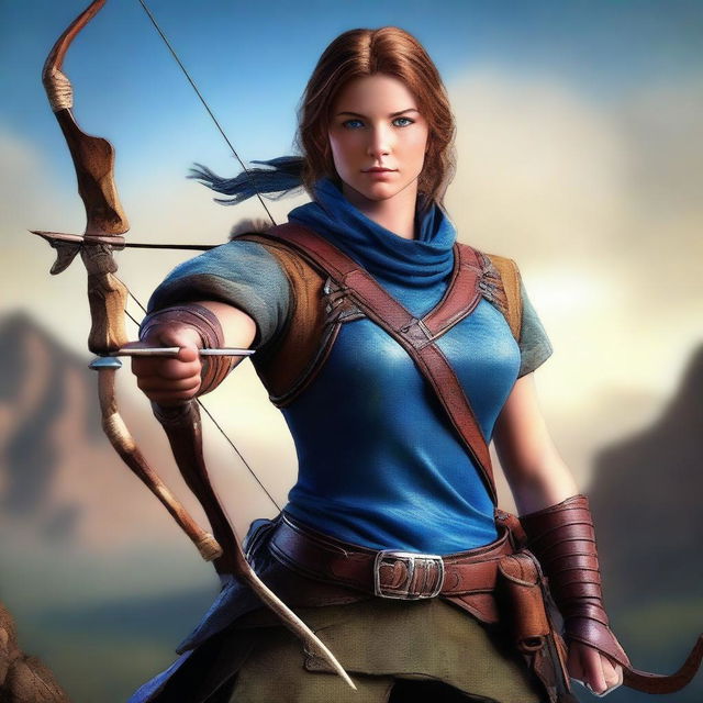 A digital art image of a ranger, poised and ready, with a bow and arrow in hand