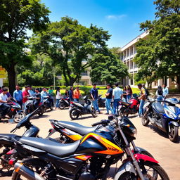 A vibrant college campus scene at College Bhopal, featuring a diverse group of students socializing and studying outdoors