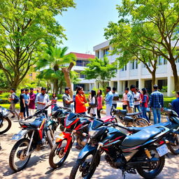 A vibrant college campus scene at College Bhopal, featuring a diverse group of students socializing and studying outdoors
