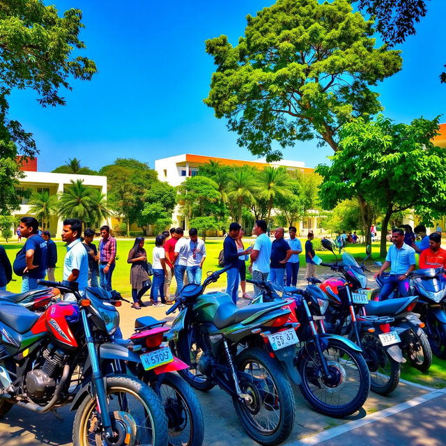 A vibrant college campus scene at College Bhopal, featuring a diverse group of students socializing and studying outdoors