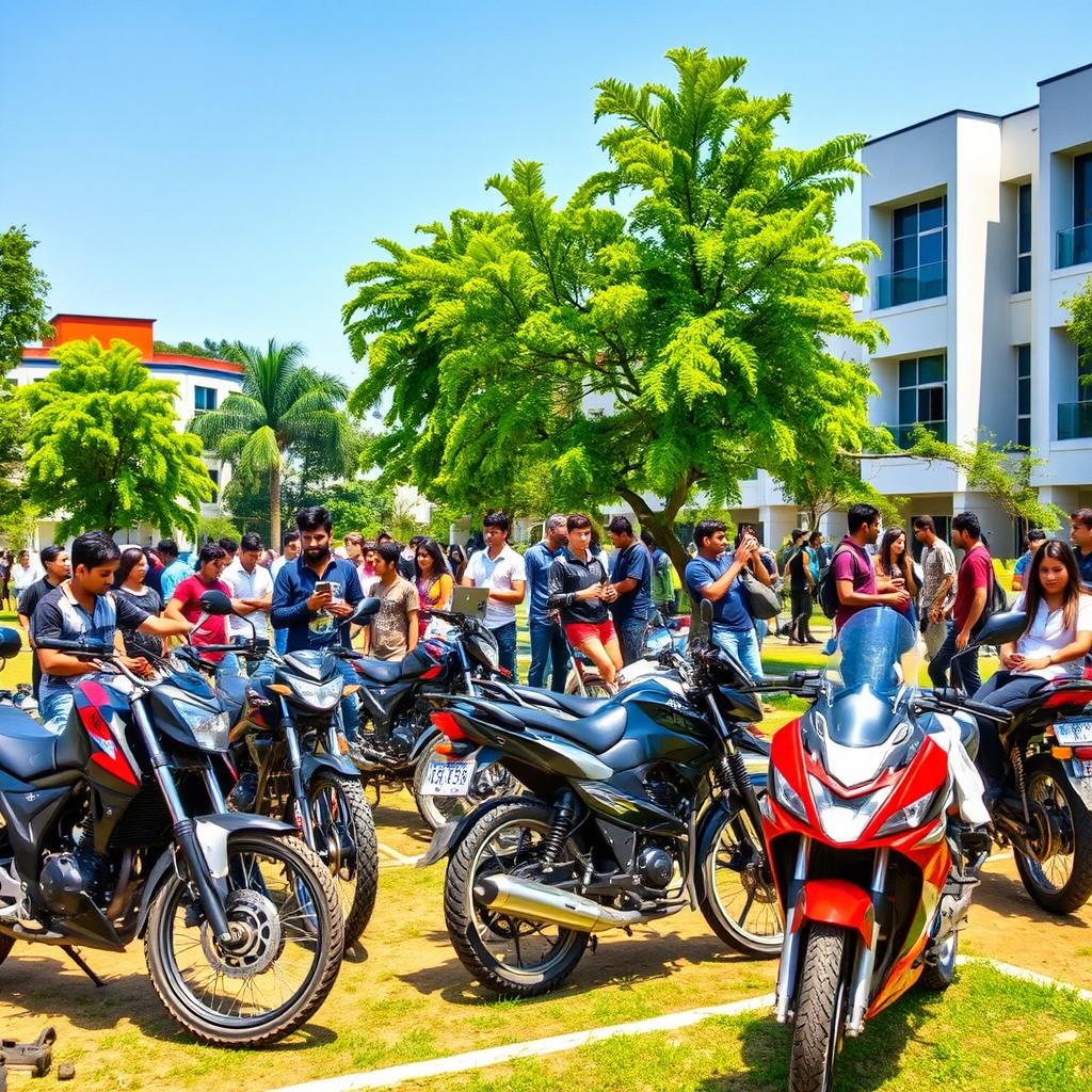 A vibrant college campus scene at College Bhopal, featuring a diverse group of students socializing and studying outdoors