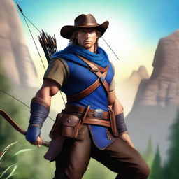 A digital art image of a ranger, poised and ready, with a bow and arrow in hand