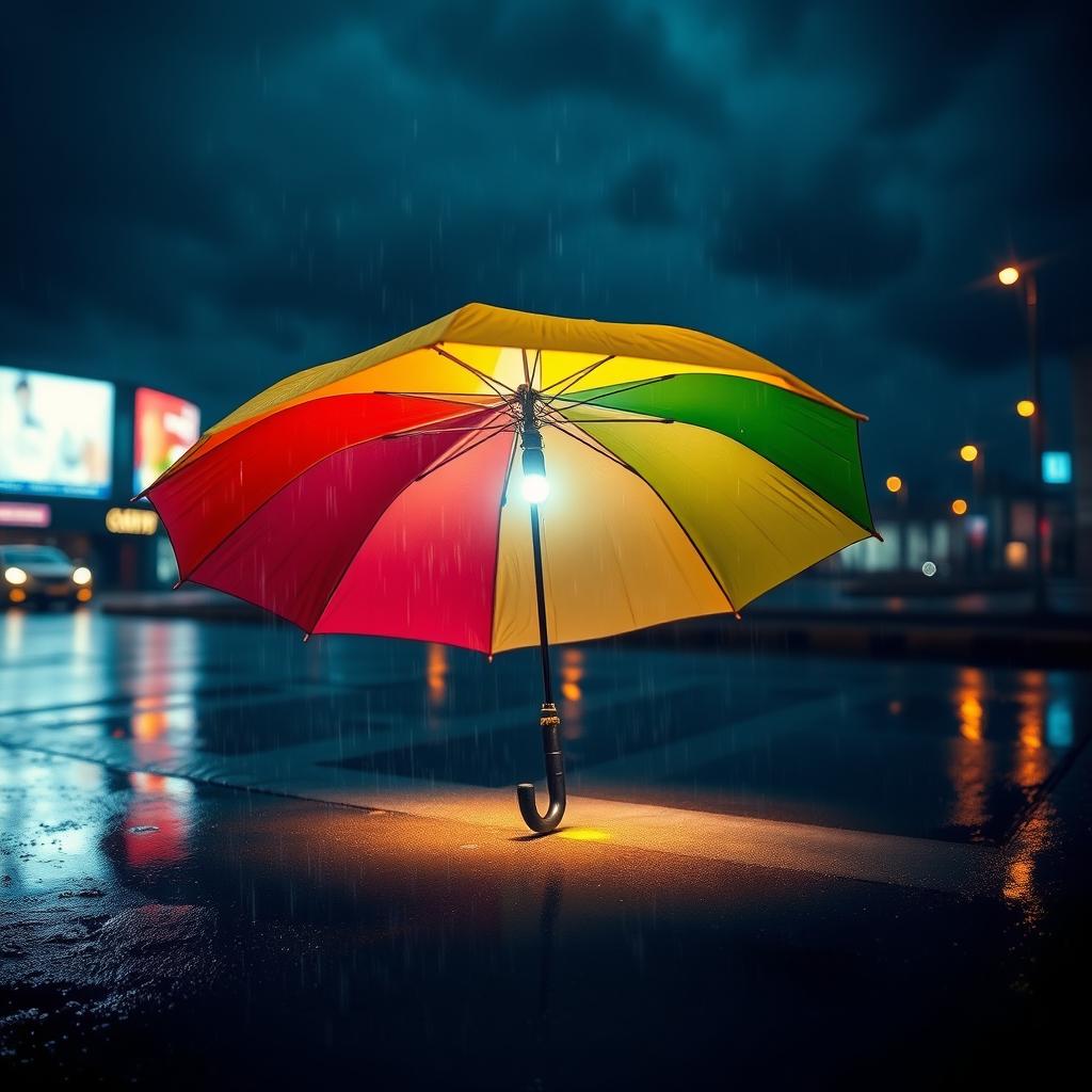 A brightly colored umbrella opened in the rain, with a flashlight attached to the handle, illuminating the surroundings