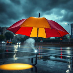 A brightly colored umbrella opened in the rain, with a flashlight attached to the handle, illuminating the surroundings