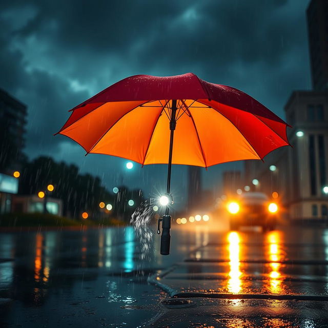 A brightly colored umbrella opened in the rain, with a flashlight attached to the handle, illuminating the surroundings