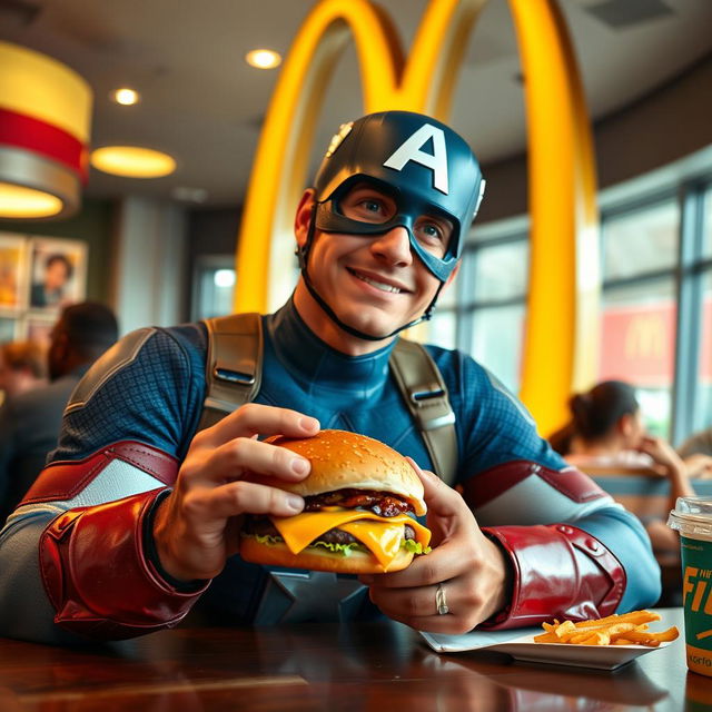 Captain America enjoying a delicious cheeseburger at a McDonald's restaurant, seated at a table with the iconic golden arches in the background