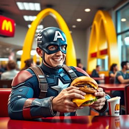 Captain America enjoying a delicious cheeseburger at a McDonald's restaurant, seated at a table with the iconic golden arches in the background