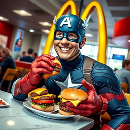 Captain America enjoying a delicious cheeseburger at a McDonald's restaurant, seated at a table with the iconic golden arches in the background