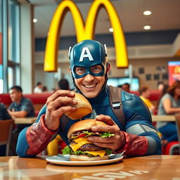 Captain America enjoying a delicious cheeseburger at a McDonald's restaurant, seated at a table with the iconic golden arches in the background