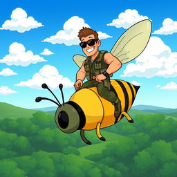 A vibrant cartoon illustration of a muscular commando character riding a giant, cartoonish bee