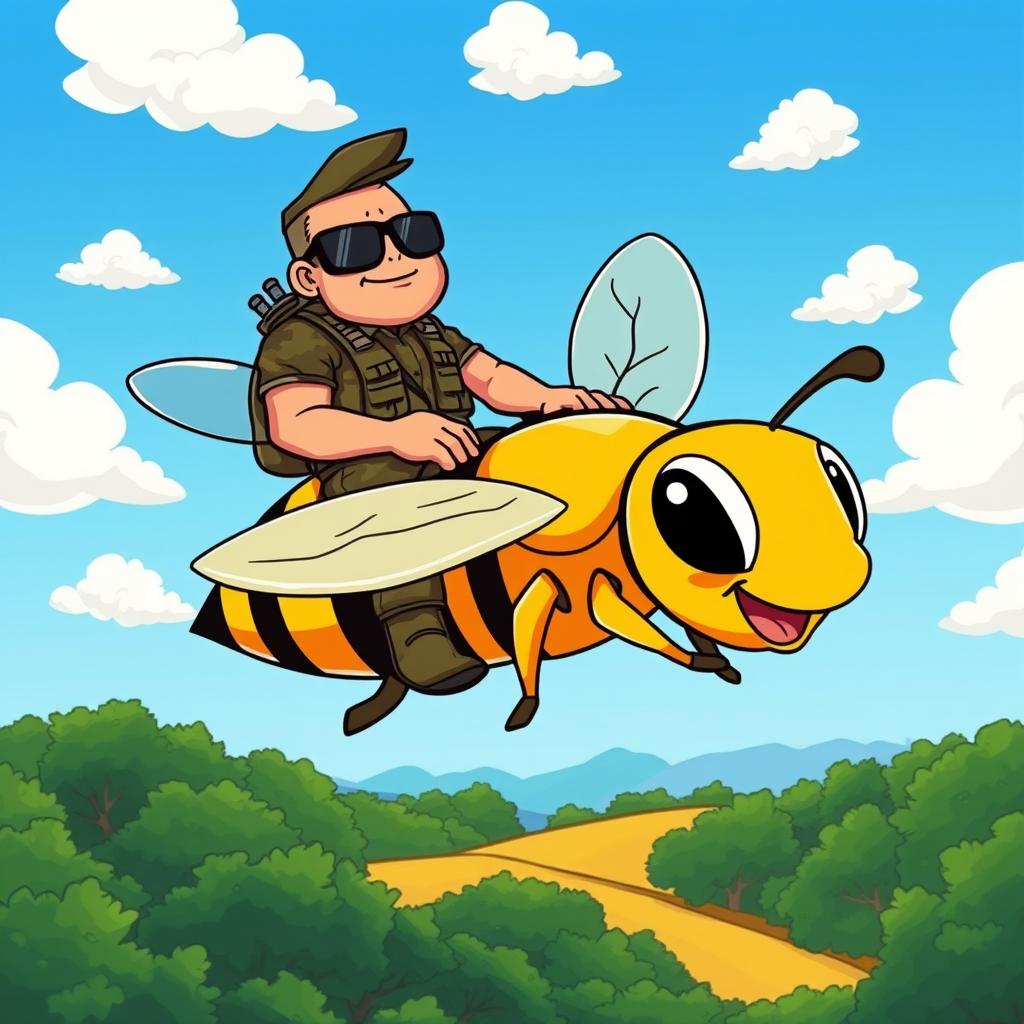 A vibrant cartoon illustration of a muscular commando character riding a giant, cartoonish bee