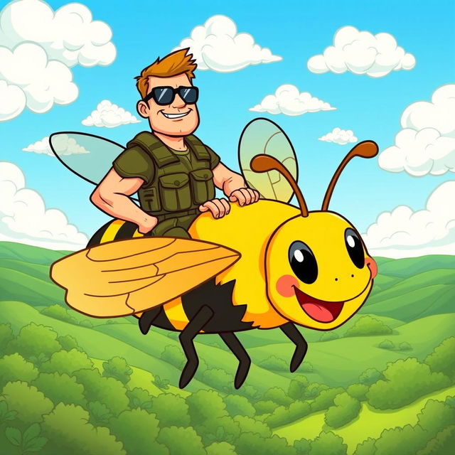 A vibrant cartoon illustration of a muscular commando character riding a giant, cartoonish bee