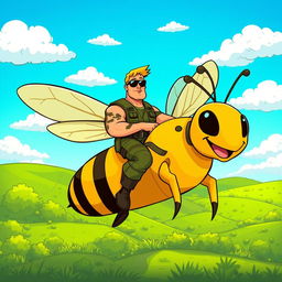 A vibrant cartoon illustration of a muscular commando character riding a giant, cartoonish bee