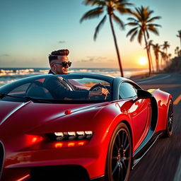 A stylish man driving a sleek Bugatti hypercar on a scenic coastal road