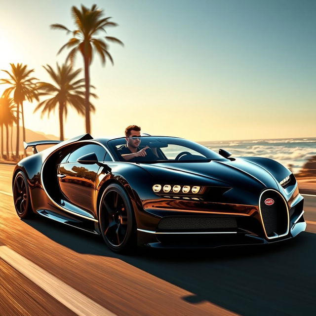 A stylish man driving a sleek Bugatti hypercar on a scenic coastal road