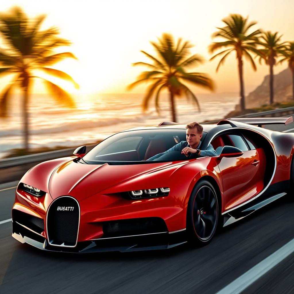 A stylish man driving a sleek Bugatti hypercar on a scenic coastal road