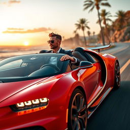 A stylish man driving a sleek Bugatti hypercar on a scenic coastal road