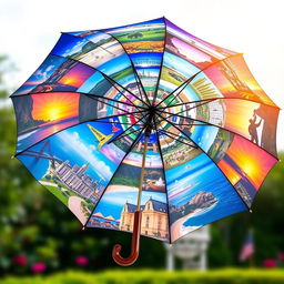 A vibrant and colorful umbrella decorated with a collage of various picturesque scenes