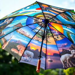 A vibrant and colorful umbrella decorated with a collage of various picturesque scenes