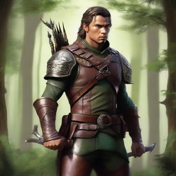 A high-quality digital art image depicts a male ranger, donned in intricate leather armor, standing poised in a lush forest