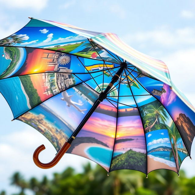 A vibrant and colorful umbrella decorated with a collage of various picturesque scenes