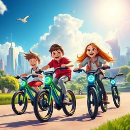 A vibrant scene depicting boys and girls happily riding digital bikes in an imaginative landscape