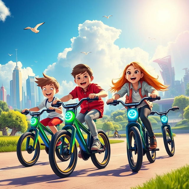 A vibrant scene depicting boys and girls happily riding digital bikes in an imaginative landscape