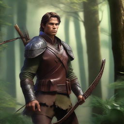 A high-quality digital art image depicts a male ranger, donned in intricate leather armor, standing poised in a lush forest