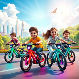 A vibrant scene depicting boys and girls happily riding digital bikes in an imaginative landscape