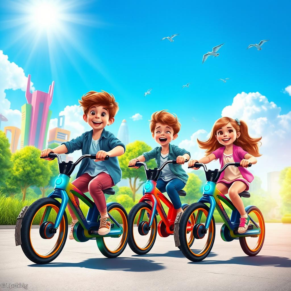 A vibrant scene depicting boys and girls happily riding digital bikes in an imaginative landscape