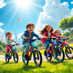A vibrant scene depicting boys and girls happily riding digital bikes in an imaginative landscape