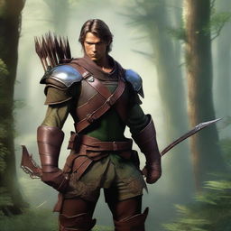 A high-quality digital art image depicts a male ranger, donned in intricate leather armor, standing poised in a lush forest