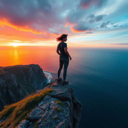 A dramatic scene capturing a lone figure standing confidently at the edge of a picturesque cliff overlooking a vast ocean